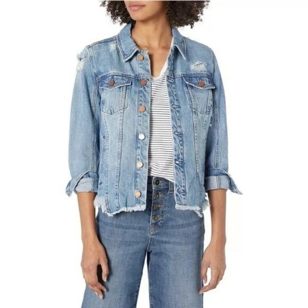 BlankNYC Denim Jacket Distressed Frayed Shark Bite Hem Light Wash